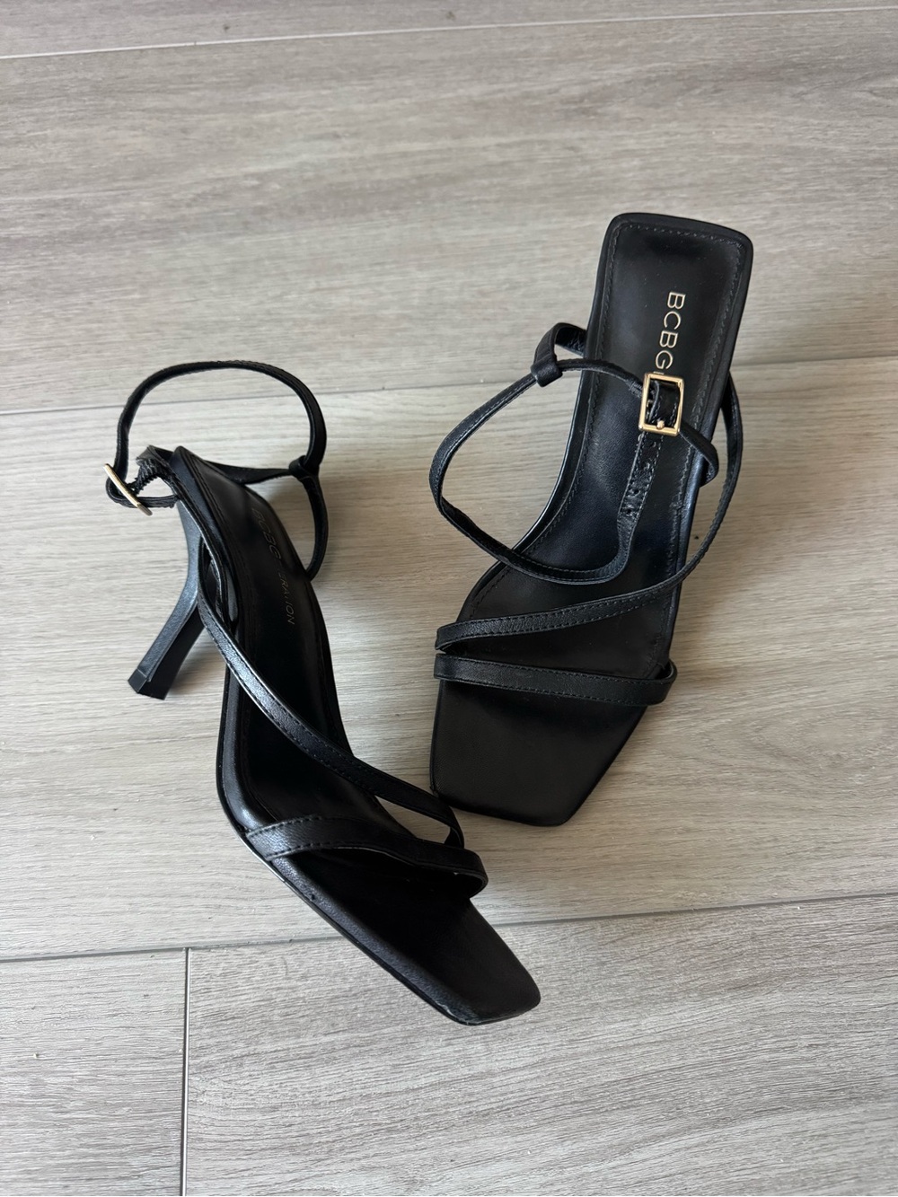 BCBG Black Strappy Square-Toe Heels with Gold Buckle